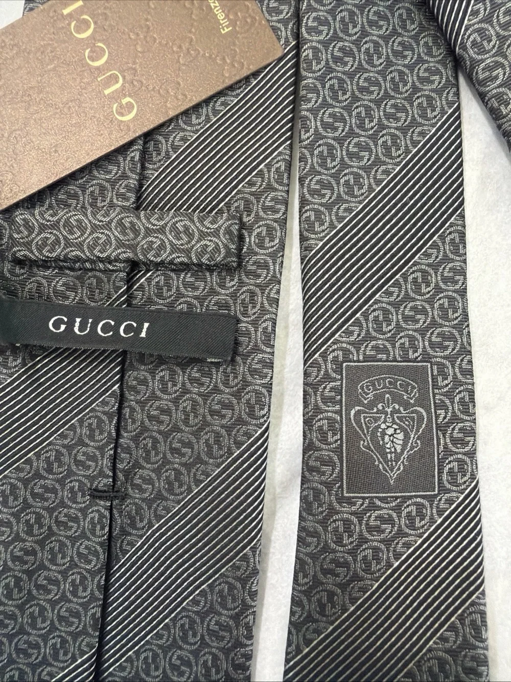 Gucci Classic Dark Grey Men's Textured Stripe and GG Tie NWT